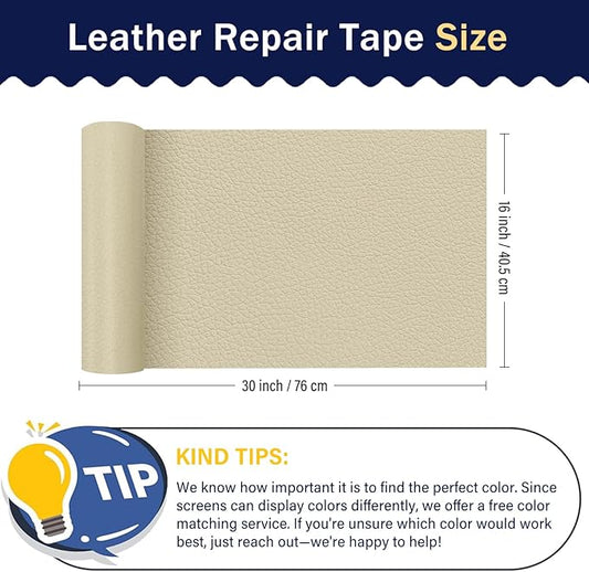 Zenyao Leather Repair Patch Tape - Self Adhesive Leather Repair Kit for Car Seat Furniture, Heavy Duty Vinyl Repair Patch for Couch Sofa, Waterproof Fix for Tears, 12x30 Inch Roll, Off White