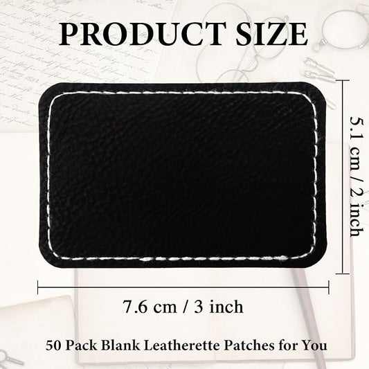 50 Pack Blank Leatherette Hat Patch with Adhesive, Rectangle Laserable Leatherette Patch, Faux Leather Patches for Hats Custom Fabric Repair Sew Laser Supplies (Black to Silver)