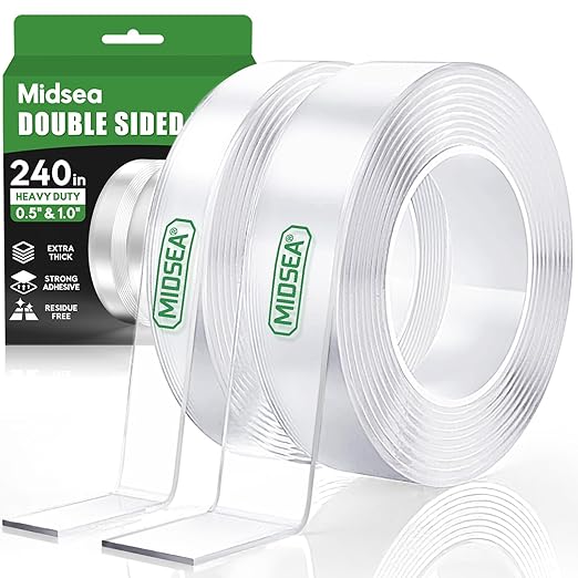 Double Sided Tape Heavy Duty, 240" L x 1"/0.5" W, Removable Waterproof Clear Nano Mounting Tape for Picture Hanging, Wall Decor, Rugs & Posters, Indoor Outdoor