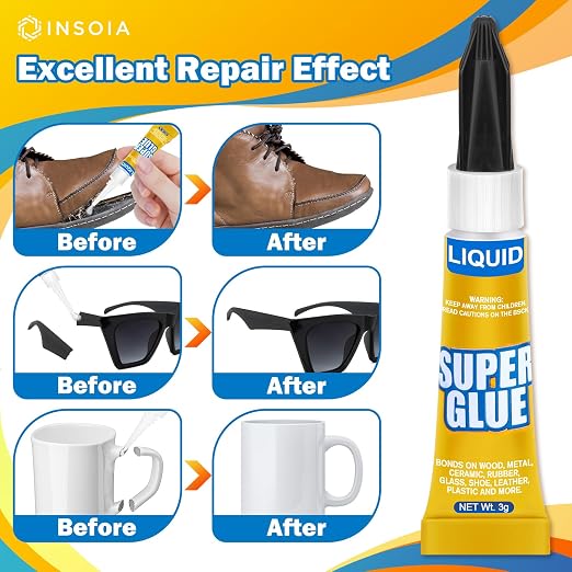 Super Glue Liquid Clear, 6 X 3g All Purpose Strong Adhesive Ca Glue Cyanoacrylate Quick Dry Instant Glue for Plastic, Metal, Ceramic, Shoe, Wood, Leather, Model, Rhinestone, Jewelry and DIY Crafts