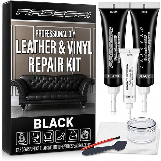 ARCSSAI Black Leather & Vinyl Repair Kit, Sofa, Jacket, Car Seats and Purse. Leather Repair Kit. Super Easy Instructions to Match Any Color, Restore Any Material, Bonded, Italian, Pleather, Genuine