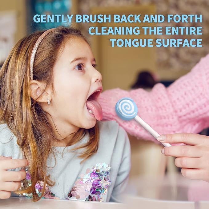 Y-Kelin Kids Tongue Scraper for Ages 2-8, 100% BPA-Free Silicone Cleaner – Cute Lollipop with Easy-to-Grasp Handles and Smiley Covers, Helps Freshen Bad Breath, Pack of 2