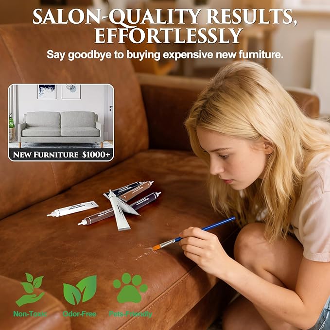 Leather Repair Kit for Furniture, Vinyl Repair Kit with Super Easy Instructions to Match Any Brown Color, Restore Any Glossy Leather Surface, Car Seats, Sofa, Jacket, and Purse