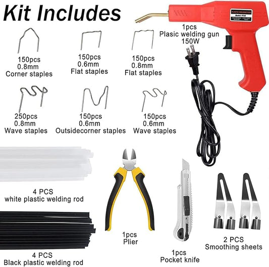 150W Upgraded Plastic Welder Kit,1000PCS Hot Stapler Welding Machine Car Bumper Repair Kit,2 in 1 Plastic Welder Soldering Gun with Weld Rods,6 Types Staples for Bumper/Kayak/Plastic Product Repairs