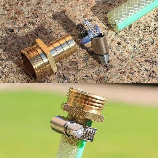 Solid Brass Garden Hose Repair kit Connector with Stainless Steel Clamps, Male Adapter/Female Garden Hose Swivel Fitting… (5/8" Barb x 3/4" Male-2 Sets)
