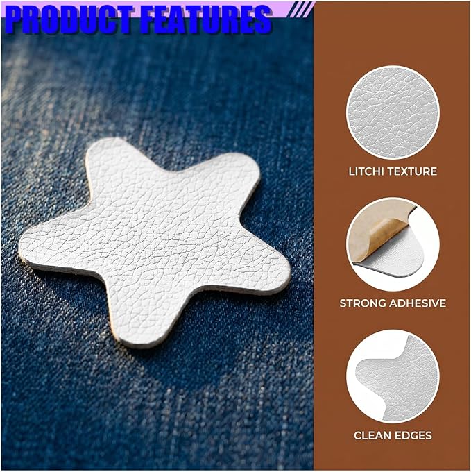 4PCS Stars-Shaped Car PVC Leather Repair Patch Tape, Self-Adhesive Car Seat Tear Repair Kit, Wear-Resistant Auto Interior Decoration Sticker Accessories for Furniture, Upholstery (White)