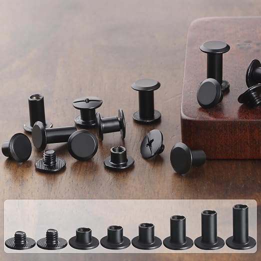 YORANYO 100Sets Black Chicago Screws Leather Rivets Kit for Fabric Leather Crafting Assorted 6 Sizes Chicago Binding Screws for Decorate and Repair Belt Bag Shoes Purse Pet Collar Clothing Bookbinding