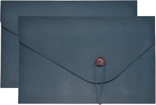 PATIKIL 2Pcs Leather Folder, 14x10 Leather Document Holder File Folder PU Pouch Bag Portfolio File Organizer Button Personal Envelope Waterproof for Traveling Office Men Gift, Blue