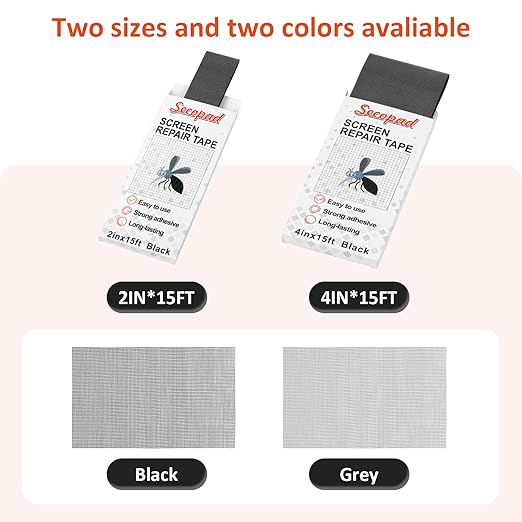 Secopad Black Screen Repair Tape, 2" X 180" (15FT) Window Screen Door Repair Kit, Strong Adhesive Fiberglass Patch Tape Mesh