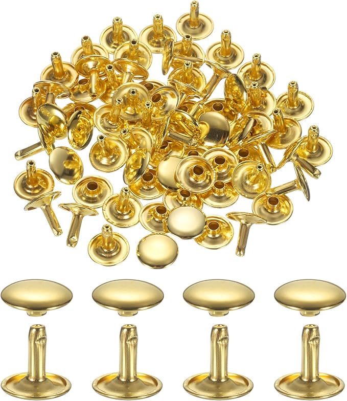 uxcell 120Set Leather Rivets, 12mm Double Cap Rivet Tubular Metal Studs Repairs Decoration Craft Accessories for Repair Decorate Leather Craft Belt Bag Shoes Purse Belts, Gold