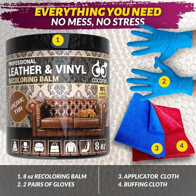 COCONIX Leather & Vinyl Recoloring Balm - Cognac Tan | Restore Faded, Worn, and Peeling Leather and Vinyl on Sofas, Chairs, and Car Seats | Vibrant Colors with Simple Application