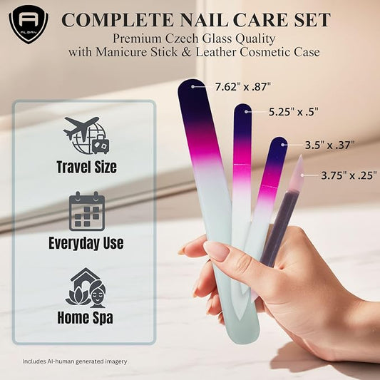 Alban Czech Glass Nail File Set with Manicure Stick & Vegan Leather Cosmetic Case (Purple-Pink Nail FilesPink Manicure Stick & Cream Cosmetic Case)