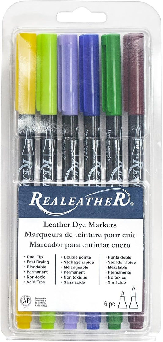 Realeather F2400-03 Leather Dye Pens, Double Sided with Fine and Brush Tips, Landscape Colors, 6-Pack