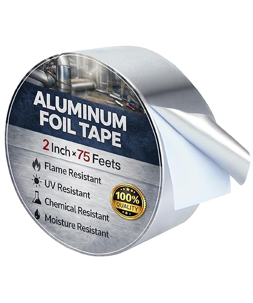 Bates- Aluminum Foil Tape, 2 Inch x 75 Feets, 3.6 Mil, HVAC Heat Tape for Ductwork, Dryer Vent, Air Conditioning, Furnace, Pipe Insulation, Waterproof, Flame, UV & Chemical Resistant