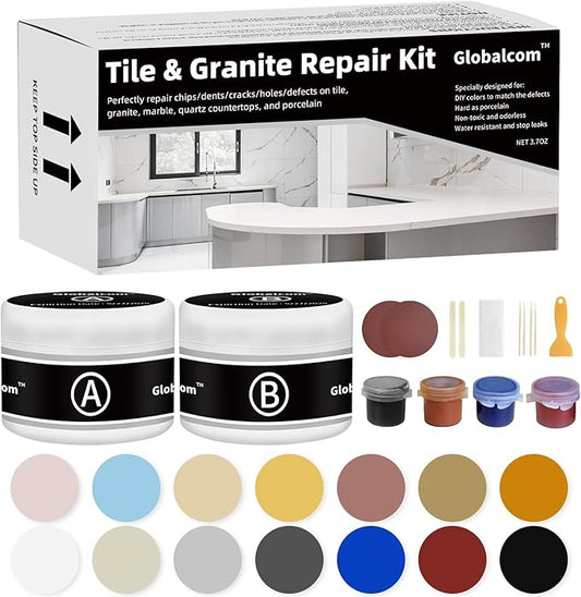 Globalcom Tile and Granite/Marble Repair Kit, Porcelain Stone and Quartz Countertops Repair Kit for Chips Dents Cracks Holes Scratch, Fix Chipped Edges Corners, Reattaches Missing Pieces