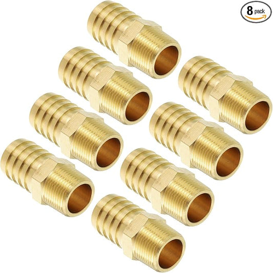Pack of 8 Brass Hose Barbs Fittings 1" Hose Barbs to 1/2" NPT Male Fittings for Home Machines, Massage Bathtubs, and Irrigation Systems