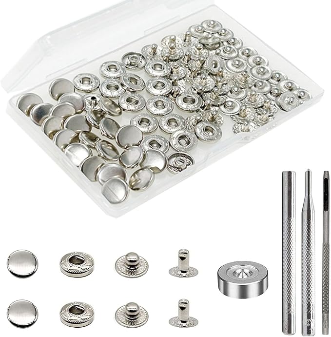BetterJonny 24 Sets Heavy Duty Leather Snap Fasteners Kit, 10mm Metal Snap Buttons Press Studs Leather Rivets Snaps with 4 Setter Tools for Clothes Bracelet Jackets Jeans Silver