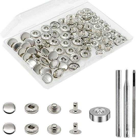 BetterJonny 24 Sets Heavy Duty Leather Snap Fasteners Kit, 10mm Metal Snap Buttons Press Studs Leather Rivets Snaps with 4 Setter Tools for Clothes Bracelet Jackets Jeans Silver