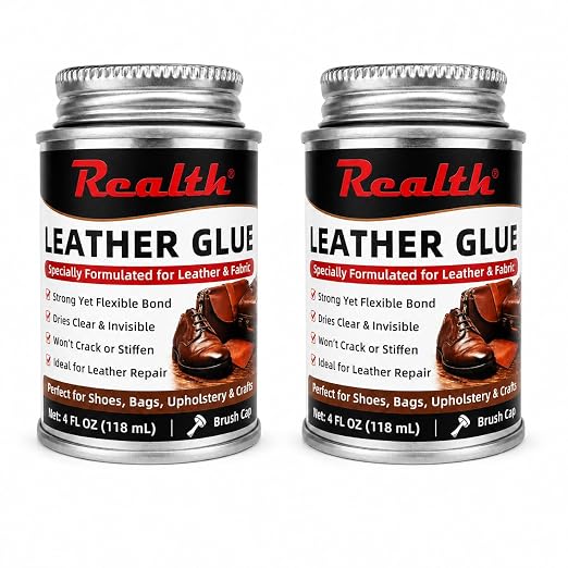 Realth Leather Adhesive Glue 4 oz Can, Heavy Duty Contact Cement - 2 Pack | Fast Drying Flexible Bond for Shoe Repair, Upholstery, Automotive Interior, Leather Craft, Fabric, Rubber & DIY Repairs