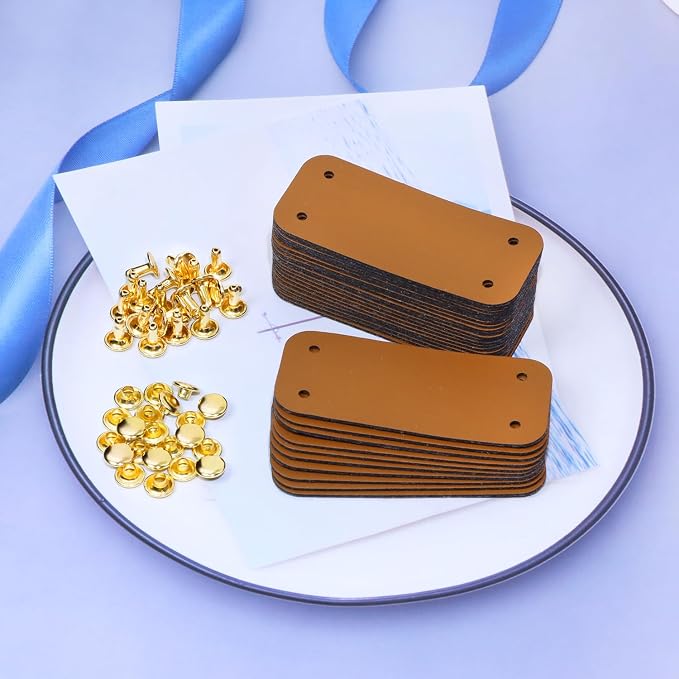 ONLYKXY Brown PU Leather Handmade Tag with Rivet Button for Knits,Rectangle Universal Blank Label Cute Repair Patch Soft Crochet Tape with Holes for DIY Clothing,Sewing Stamping,Keychain (30)