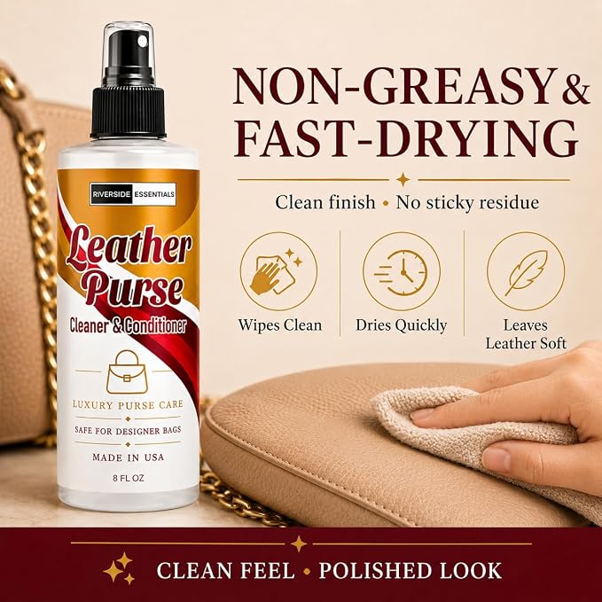 Leather Purse Cleaner & Conditioner (8oz) – High End 3-in-1 Spray for Purses, Designer Bags & Luxury Handbags – Cleans, Conditions, Deodorizes & Restores Finished Leather - Made in USA