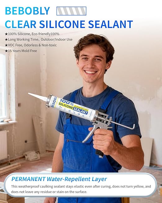 Silicone Caulk & Sealant Clear, 100% Waterproof Silicone Sealant, Shrink & Crack Proof, Silicone Sealant Caulking for Kitchen, Bathroom, RV, Interior & Exterior Use, 10.2 FL. OZ/300ML, 12 Pack