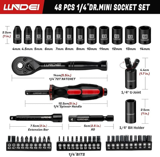 LLNDEI 48 Piece 1/4 Inch Mini Socket Ratchet Wrench Set, Metric Shallow Socket (4-14mm) 6-Point,with 72 Teeth Mini Ratcheting Wrench, Screwdriver Bit Set, Universal Joints and 3 Inch Extensions