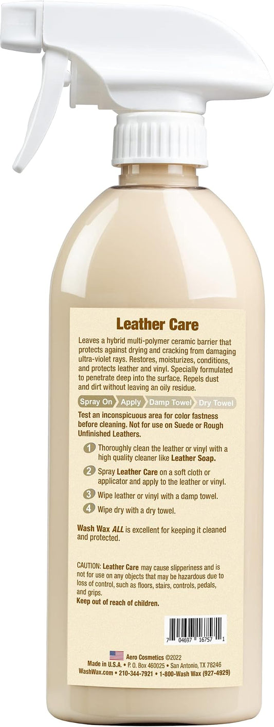 Leather Care, Conditioner, UV Protectant, Aircraft Grade Leather Care, better than automotive products. Excellent for Furniture, Car Seats, & RV 's, does not leave dirt attracting residue. 16oz