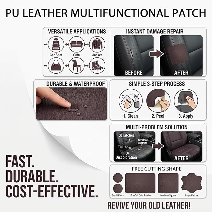 2PCS Leather Repair Patch Tape for Car Seats, Self Adhesive Leather Repair Patch Vinyl Repairs Kit, Waterproof PU Upholstery Tape for Furniture Couch Chair, Sofa Seat Repairs 4 x 8 Inch (Gray)