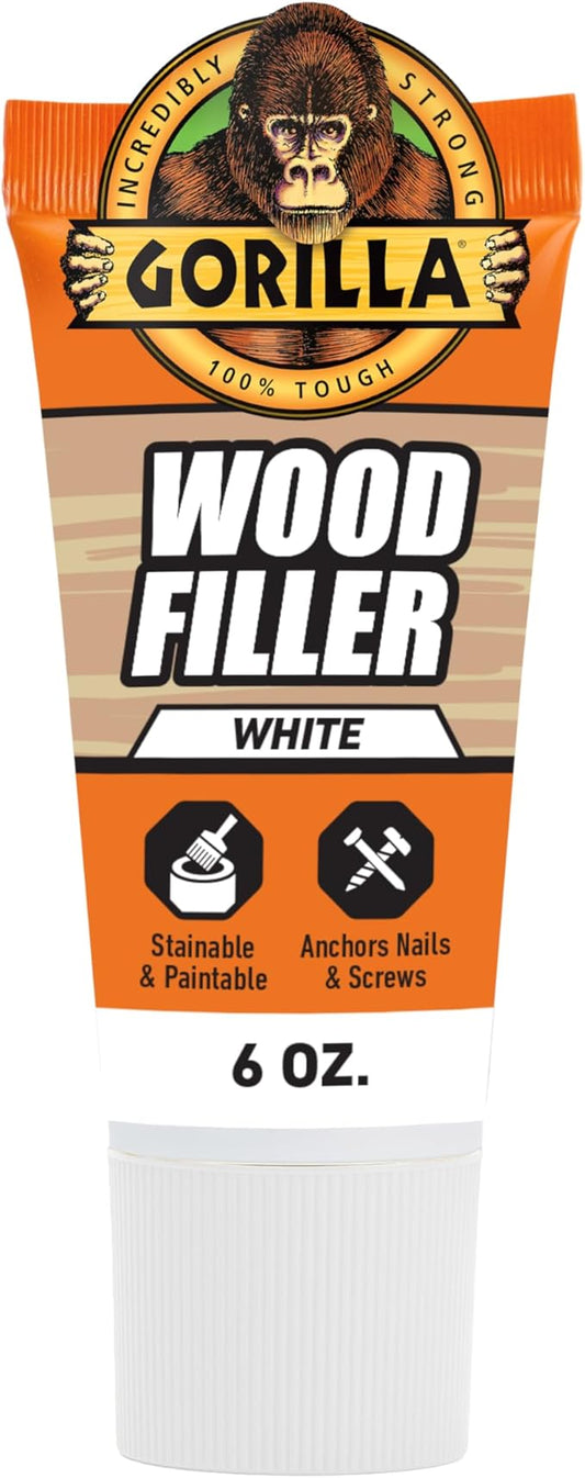 Gorilla All Purpose Wood Filler, White, Wood Filler, 6 Ounce Tube (Pack of 1) - Water Resistant for Indoor or Outdoor Projects and Repairs