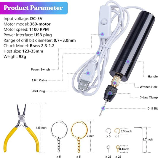 LET'S RESIN Electric Drill, 74Pcs Mini Drill with 3-Jaw Clamp-Applicable to A Larger Drilling Range (0-3mm), Keychain Making Kit, Jewelry Making Kit, Electric Hand Drill for Jewelry, Resin, Plastic