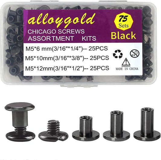 75 Sets Black Chicago Screws 1/4 3/8 1/2 Leather Assorted Kit ，3 Sizes of Screw Rivets for Chicago Screws for DIY Leather Craft and Bookbinding (M5 X 6, 10, 12)
