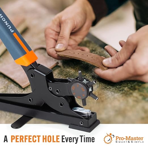 Pro-Master Desktop Leather Hole Puncher - Belt Hole Puncher for Leather with Tabletop Base - One Hand Use, Heavy Duty Carbon Steel, 6 Rotary Sizes 2-4.5mm for Watch Band, Shoes, Bag Strap & Crafts