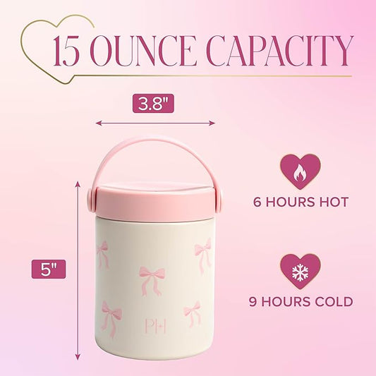 Paris Hilton Double Wall Stainless Steel Food Jar, Vacuum Insulated Leakproof Thermal Lunch Container with Printed Pink Bow Design, Keeps Food Hot or Cold for Hours, 15-Ounce, Marshmallow Dreams White