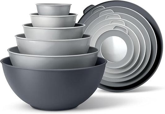 COOK WITH COLOR Mixing Bowls Set with TPR Lids - 12 Piece Plastic Nesting Bowls Set includes 6 Prep Bowls and 6 Lids, Microwave Safe (Grey)