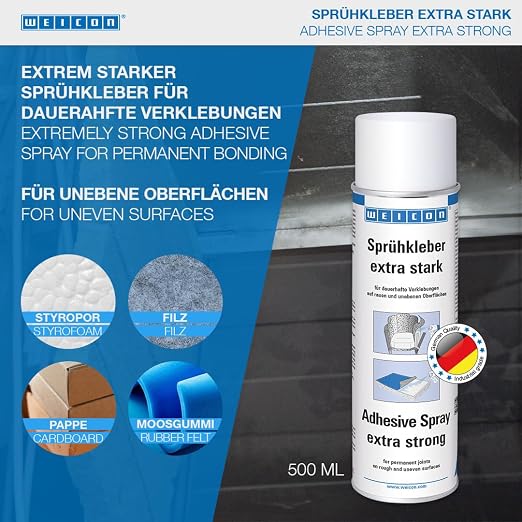WEICON Adhesive Spray Extra Strong 500 ml | Transparent | Adhesive Spray for Felt, Foam, Leather, Carpets, Rubber, Wood | Craft Material Adhesive | Multipurpose | Strong Spray Glue | Industrial Grade