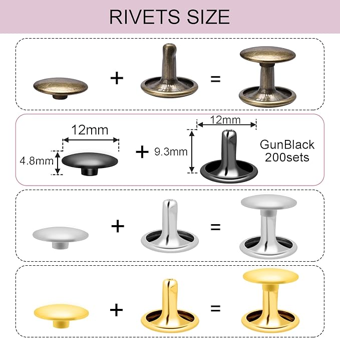 CooBigo 200Sets 12mm Double Round Cap Leather Rivets, Tubular Metal Rivets Spikes Studs, Leather Rivets for Leather Key Fob Clothing Pets Collar Boots Bags Belt Repair and Decoration (Gun Black)