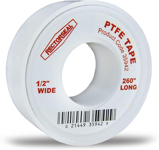 Rectorseal PTFE Tape 35942 Pipe Thread Sealant, Pure PTFE, Plumbing, 1/2x260