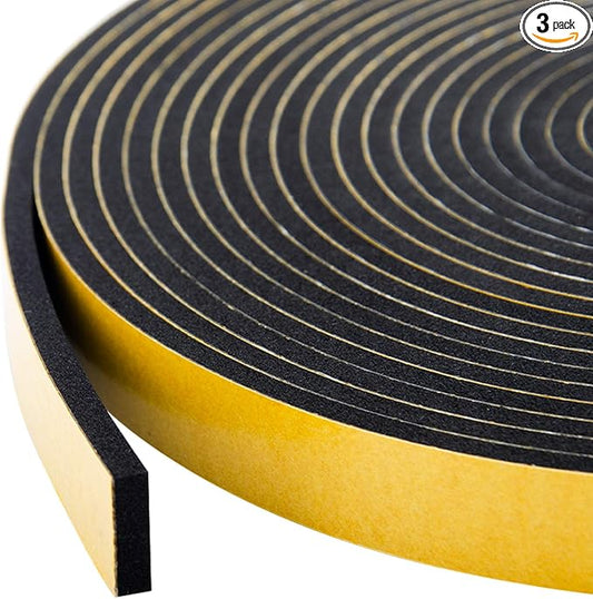 Foam Seal Tape 3-Pack, 1/2 Inch Wide X 1/8 Inch Thick, Neoprene Rubber Weather Stripping for Door Insulation, 59 Feet Total (19.7ft x 3 Rolls)
