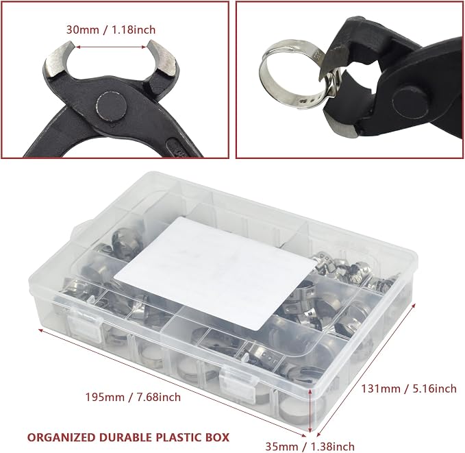 130pcs Heavy Duty PEX clamp Assortment Kit with Pliers, Stainless Steel Single Ear Hose Clamps 1/4"- 0.92"(6-23.5mm), PEX Cinch Crimp Rings Pinch Clamps for Water Pipe, Plumbing and Automotive Use