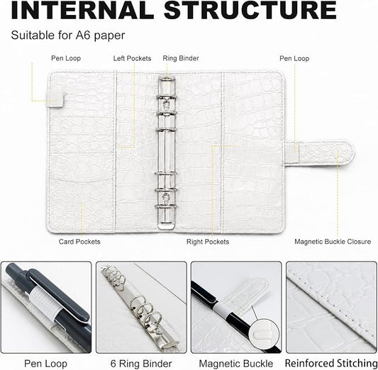 Convend A6/A5 Refillable 6 Ring Faux Leather Budget Binder,Mini Notebook Binder Cover for A5 Filler Paper,Loose Leaf Personal Planner Cover with Magnetic Buckle Closure(Crocodile-White)