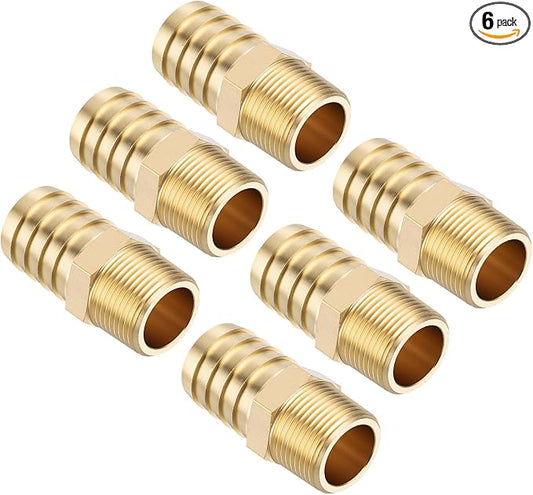 Pack of 6 Brass Hose Barb Fittings Adapter Connector 1" Hose Barb to 3/4" NPT Male Fittings for Home Machines, Massage Bathtubs, and Irrigation Systems