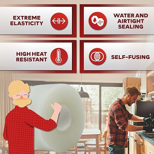 XFasten Self-fusing Silicone Tape Pro, Clear, 1.5-Inch x 15-Feet, 30mils Extreme Silicone Repair Pipe Tape for Electrical, Radiator Hose, Garden Hose, Coax Plumbers Water Seal and Stretch Tape