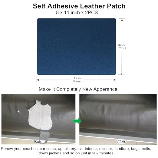 ILOFRI Leather Repair Patch 8x11 inch 2 Pcs, Durable Self Adhesive Vinyl and Leather Repair Kit for Couch, Car Seats, Boat Seat, Furniture, Upholstery, Auto Interior, Sofa, Chair -Navy Blue