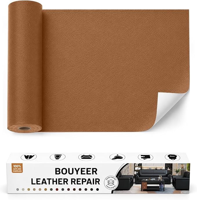 BOUYEER Leather Repair Patch Tape Kit,Self Adhesive Leather Repair for Sofa，Car Seat,Office Chair,Furniture,Jacket,Waterproof Strong Adhesive Vinyl Repair Kit. 17 in x 79 in,Light Brown
