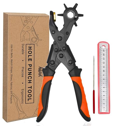 Adorox Heavy Duty Quality & Professional Design Revolving Hole Punch Pliers Kit – with Steel Ruler & File, Puncher with 6 Hole Sizes for Belts, Watch Straps, Saddles, Shoes & DIY Crafts