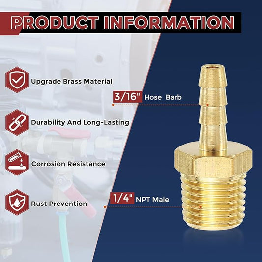 Pack of 8 Brass Hose Barb Fittings Adapter Connector 3/16" Hose Barb to 1/4" NPT Male Fittings for Home Machines, Massage Bathtubs, and Irrigation Systems