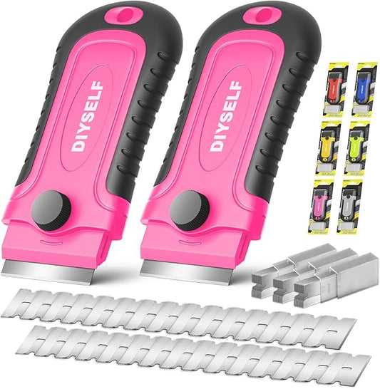 DIYSELF Razor Blade Scraper | 2 Pack Scraper Tool for Cleaning, Glass, Stickers | Paint Scraper | Heavy Duty Razor Scraper | Glass Scraper | 30 Pcs Single Edge Razor Blades for Scraping Included