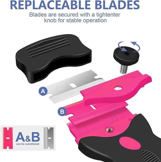 DEKEones Razor Blade Scraper, Double Edged Razorblade Scraping Tool with 10 Pcs Razor Blades, Paint Scraper for Glass, Decals, Tint, Stickers, Labels, Caulk, Adhesive(Pink)
