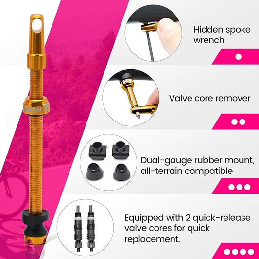 RideNow Tubeless Presta Valve Stems, 85mm Super Light 7075 Aluminum Alloy Presta Tubeless Valve Stem Kit with Valve Core Remover Tool and Valve Stem Caps, Multiple Color and Size Options(Pair), Gold